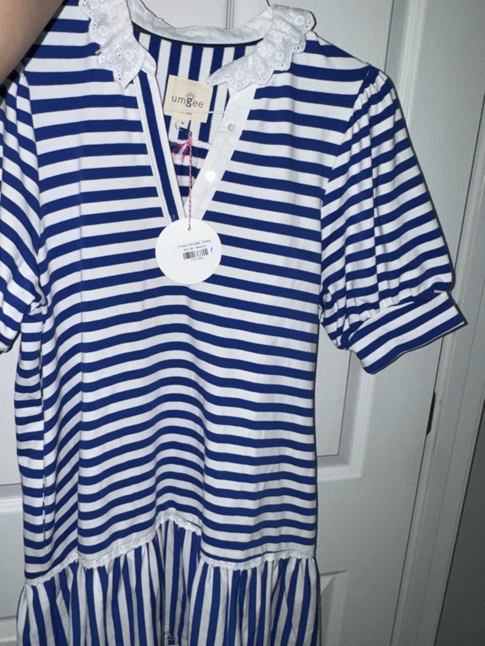 Umgee White Eyelet Collar Blue Striped Dress